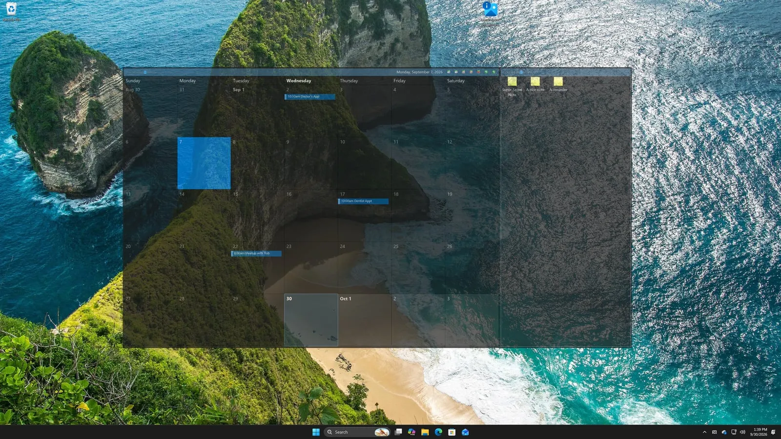 Outlook on the Desktop in dark mode, showing a month calendar and a notes window on a Windows 11 desktop